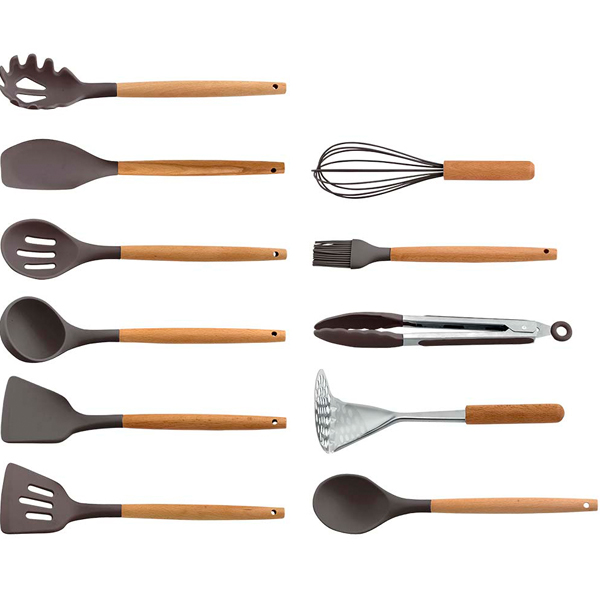 Набор кухонный 12 предметов на подставке силикон бежево-коричневый AK-5284 /16шт/ Alpenkok 