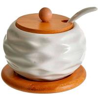 Сахарница 250мл с ложкой на бамбуковой подставке фарфор АК5-0007 /48шт/Alpenkok 